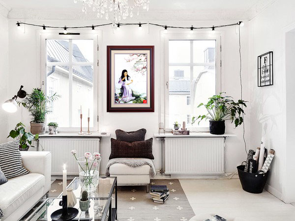 tranh thêu tay truyền thống thiếu nữ bên hoa đào www.loctroiart.com