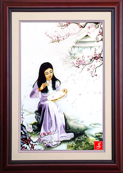 tranh thêu tay truyền thống thiếu nữ bên hoa đào tranh thêu tay truyền thống thiếu nữ bên hoa đào